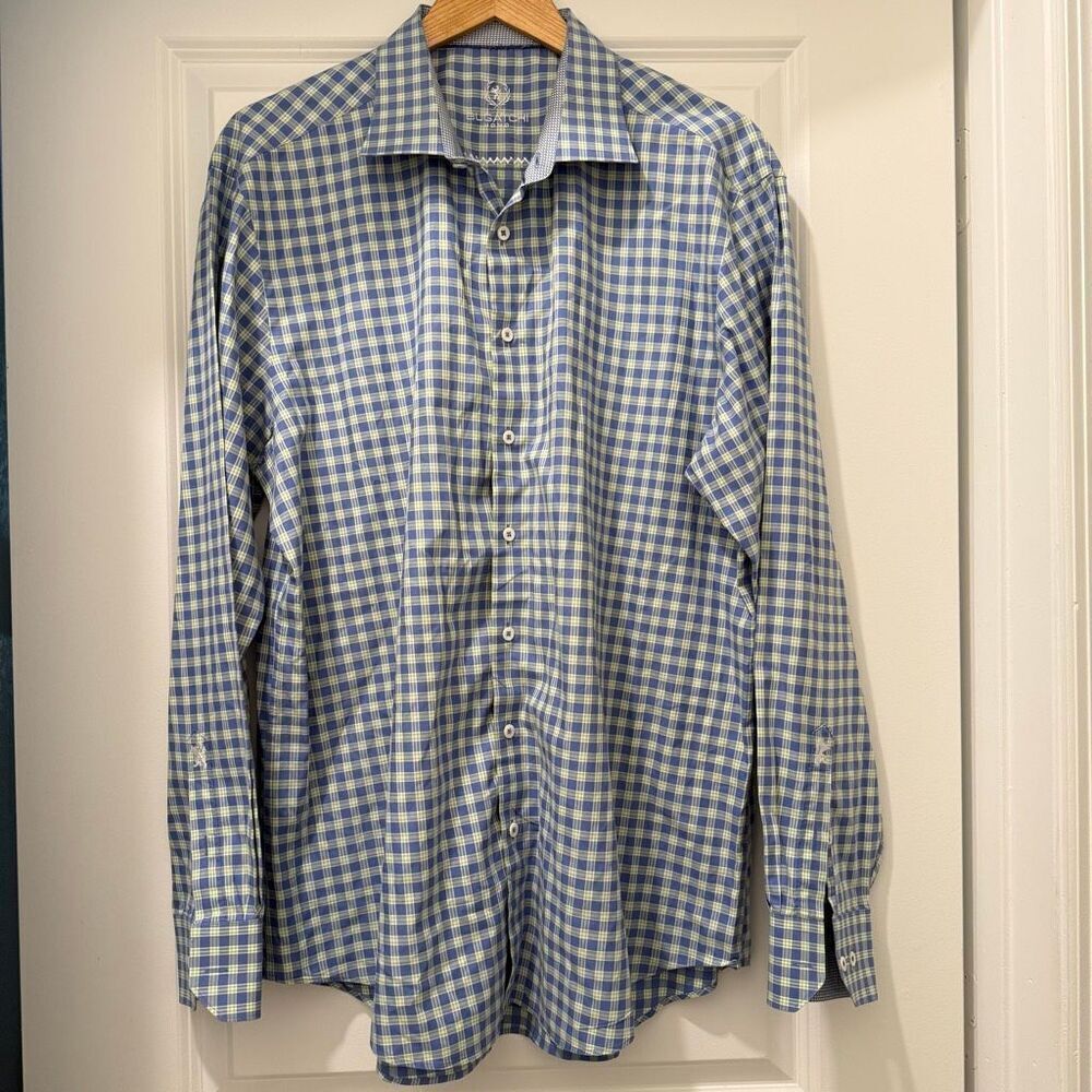 Bugatchi long-sleeve button-up shirt in light blue and yellow Size 18.5